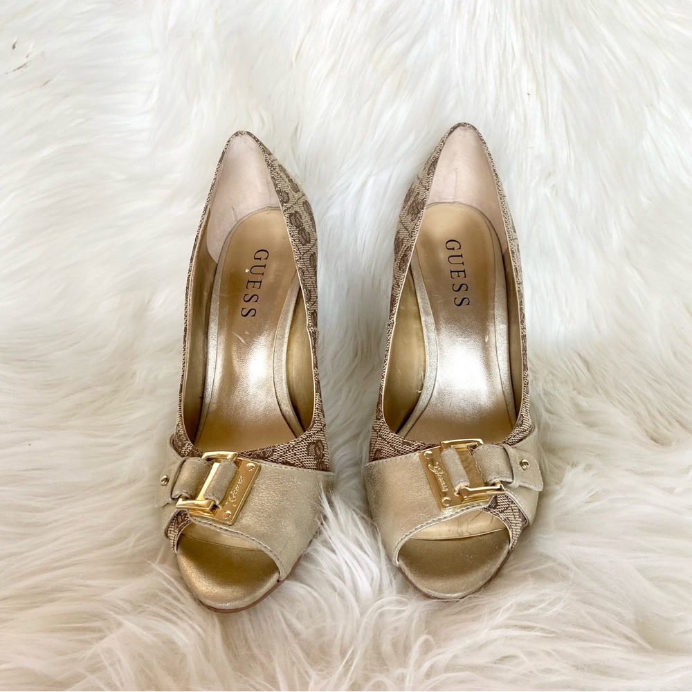 Guess Gold and Tan Peep-Toe Heels